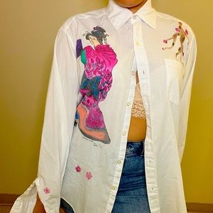 Geisha Print White Button Up